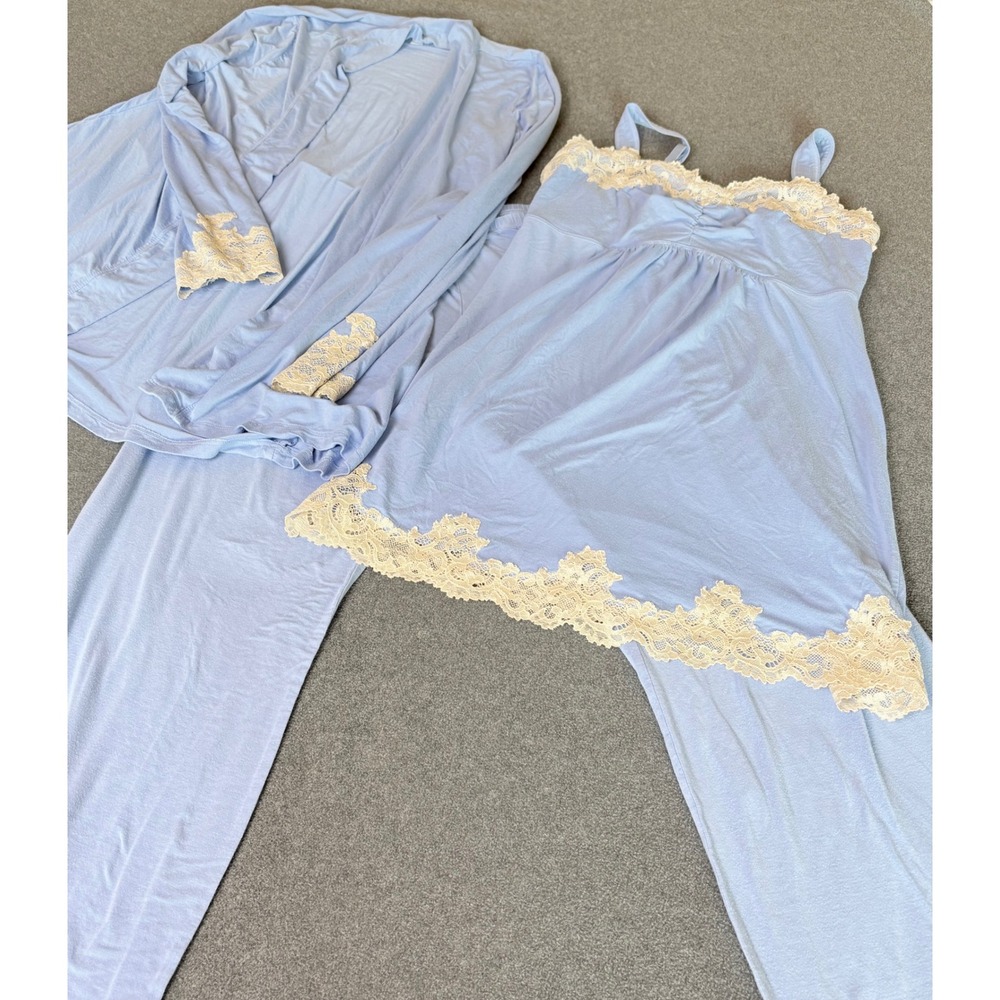 Soma 3 Piece Pajama Set Blue Lace Trim Robe Cami Pants Women Small